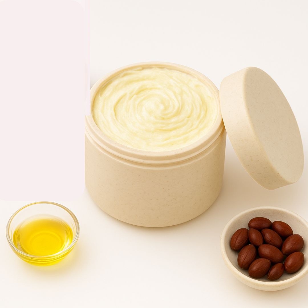 Flat lay of natural ingredients used to make the whipped body butter, including shea butter and oils