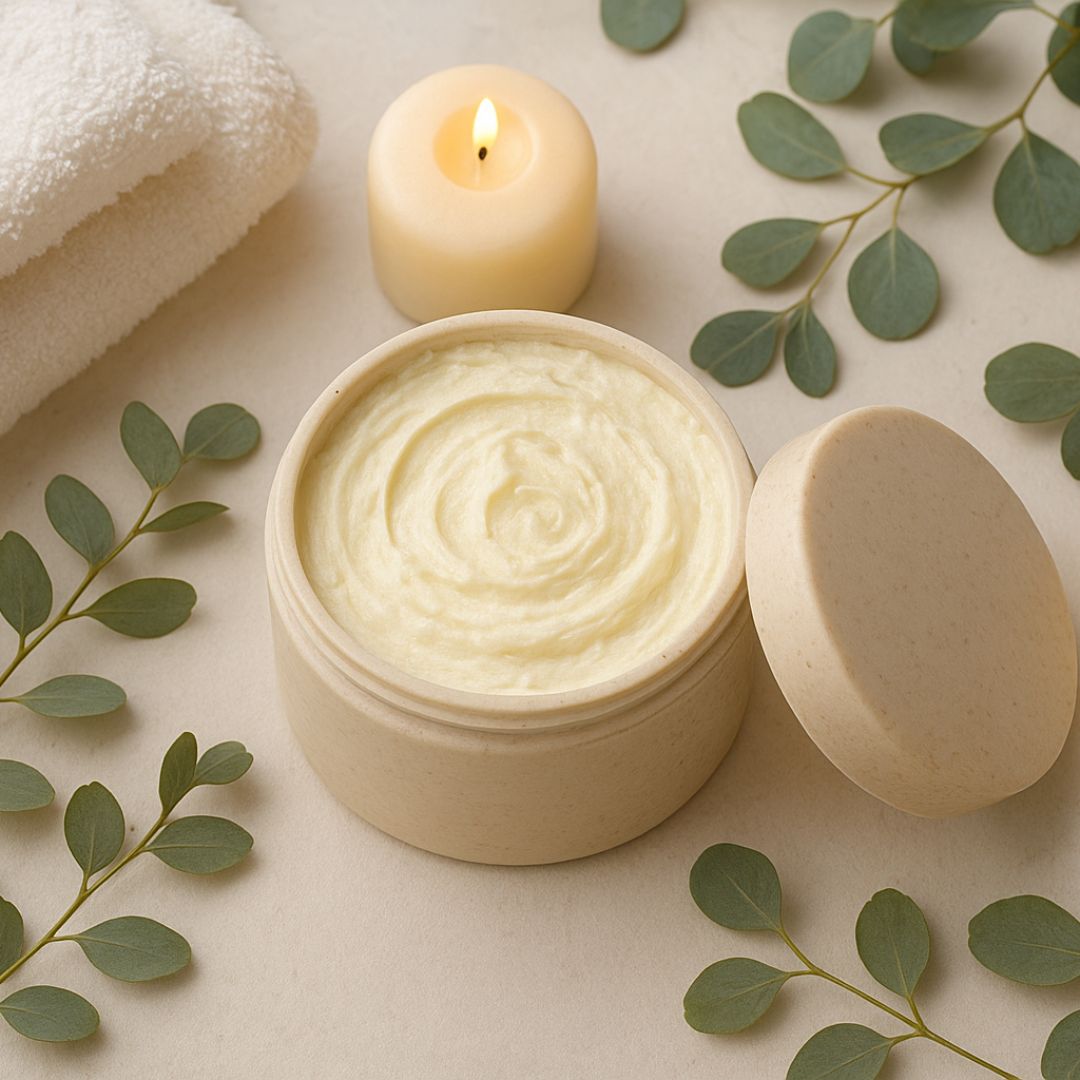 Aesthetic lifestyle image of body butter beside towel and candle for spa-like skincare routine