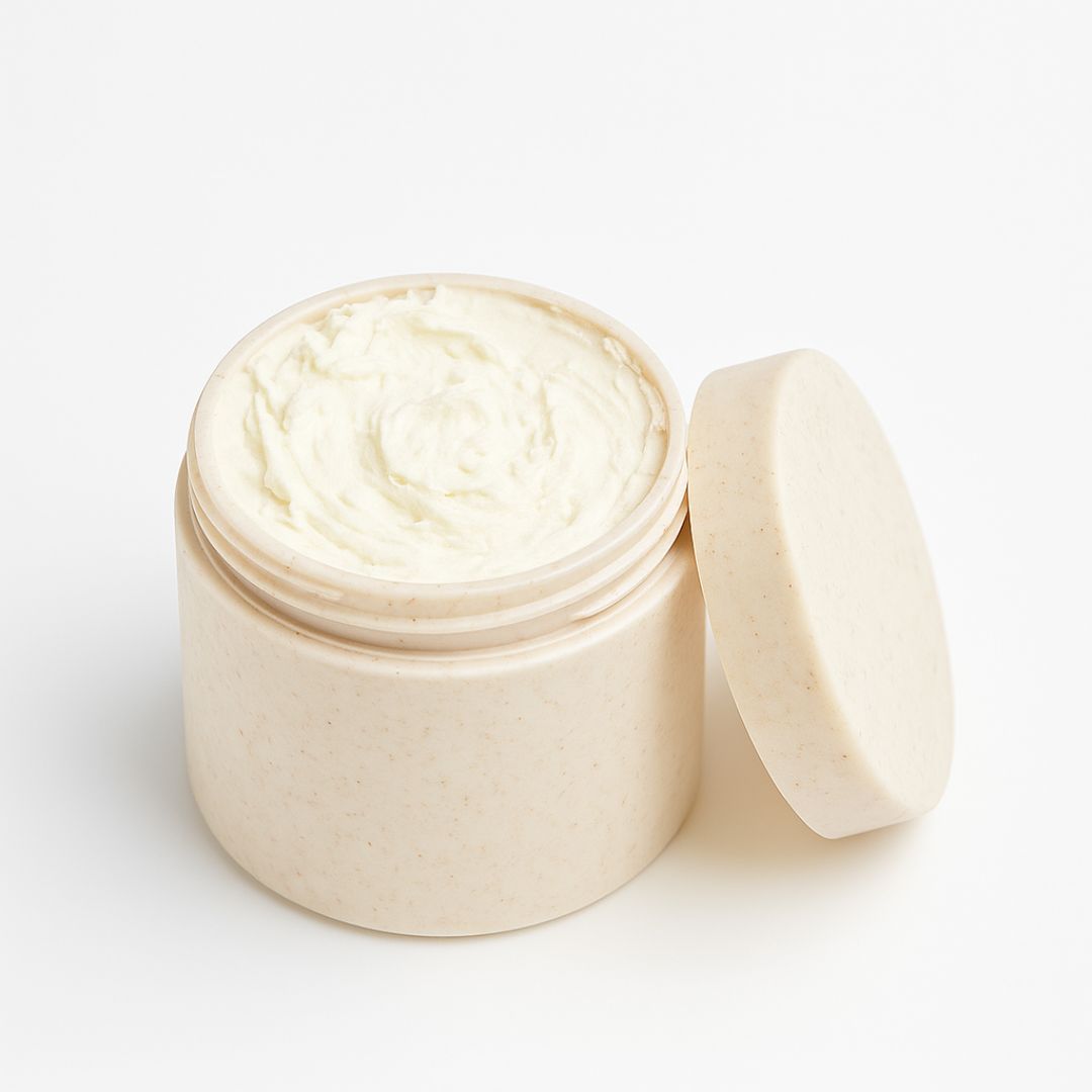 Rich, creamy whipped body butter in a beige jar for smooth, hydrated skin