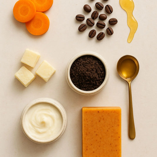 Natural ingredients like carrots, coffee, and honey used in the Fade Dark Spot Bundle.