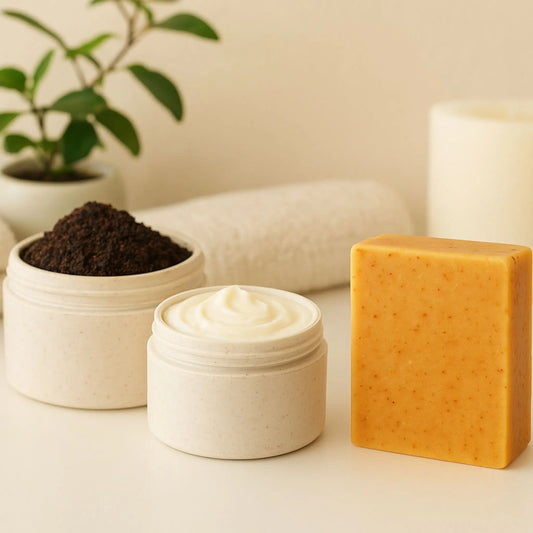 Fade Dark Spots Bundle – Carrot Soap, Coffee Scrub & Shea Body Butter for Even-Toned, Radiant Skin