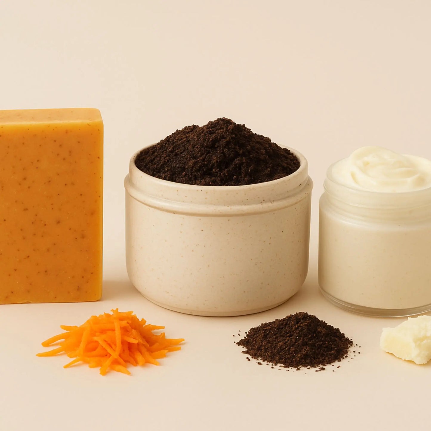 Texture details of coffee scrub, carrot soap, and body butter.