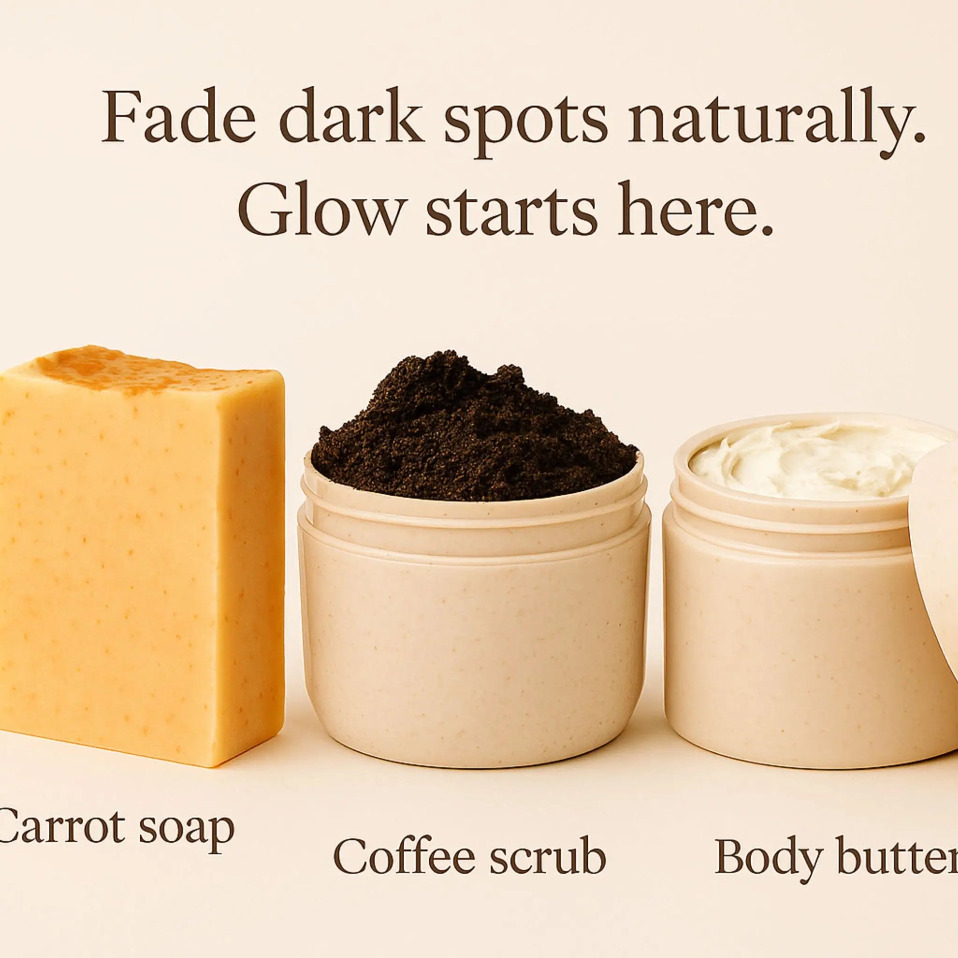 Carrot soap, coffee scrub, and body butter from Naked Lavender Fade Dark Spot Bundle.
